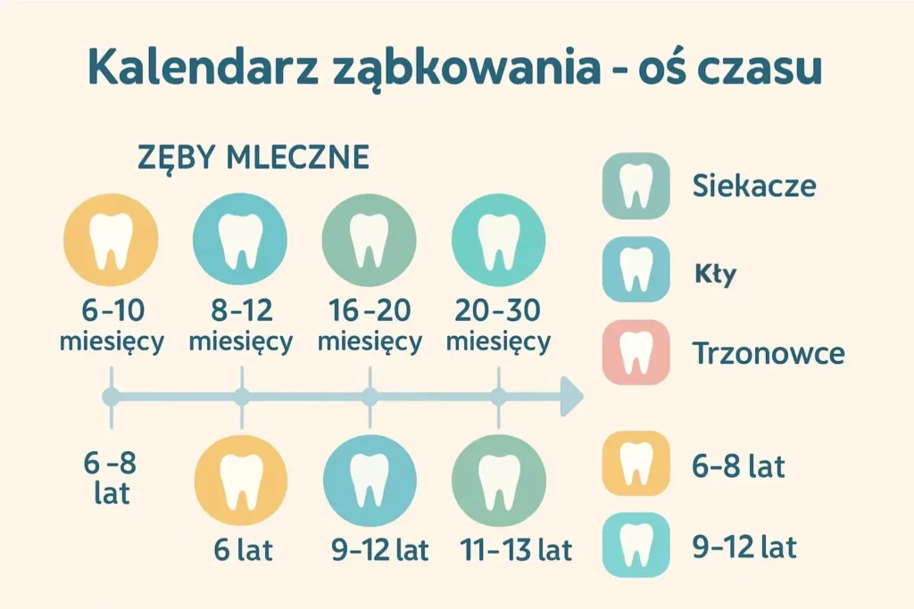 Infografika przedstawiająca kalendarz ząbkowania u dzieci – oś czasu wyrzynania się zębów mlecznych i stałych: siekacze pojawiają się w wieku 6–12 miesięcy, kły w wieku 16–20 miesięcy i 11–13 lat, trzonowce od 20 miesięcy do 13 lat.