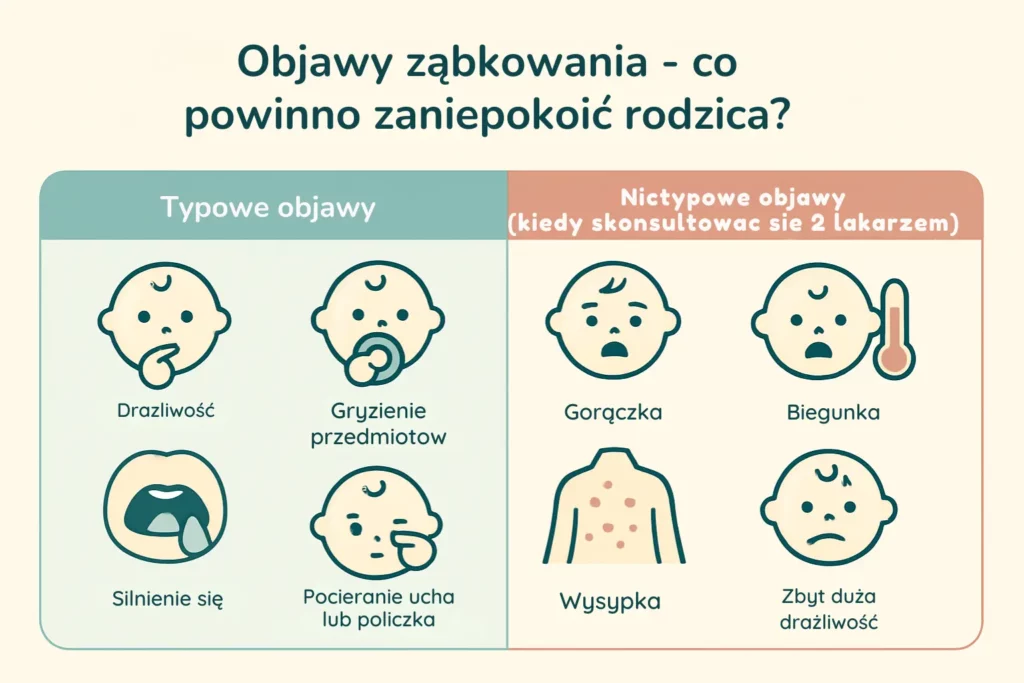 Infografika porównująca objawy ząbkowania i infekcji u dziecka – zestawienie różnic w gorączce, katarze, kaszlu, wysypce, biegunce i zachowaniu. Pomaga rozpoznać, kiedy potrzebna jest konsultacja lekarska.