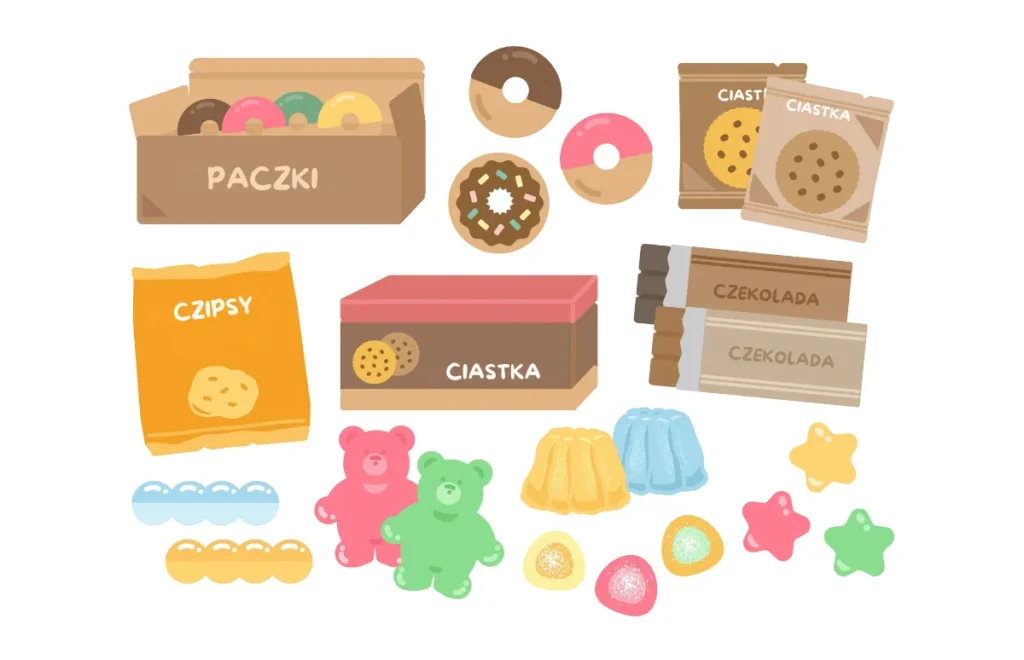 Różnorodne słodycze szkodliwe dla zębów dzieci - pączki, chipsy, ciastka, czekolada, żelki i cukierki, które sprzyjają rozwojowi próchnicy