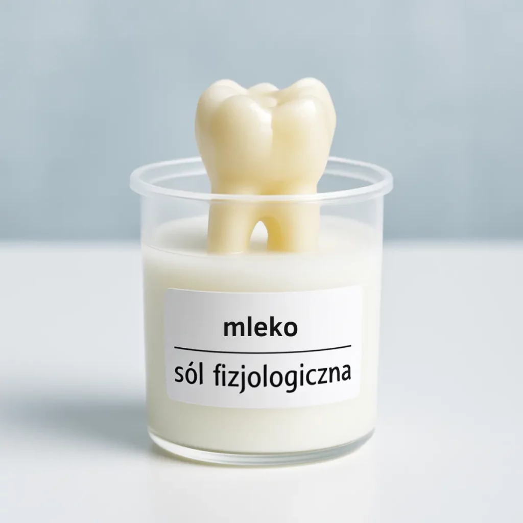 Przechowywanie wybitego zęba w mleku i soli fizjologicznej - pojemniki z płynami do tymczasowego zabezpieczenia zęba przed replantacją