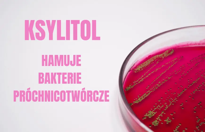 Szalka z wymazem zawięrającym bakterie i obok różowy napis: "Ksylitol hamuje bakterie próchnicotwórcze