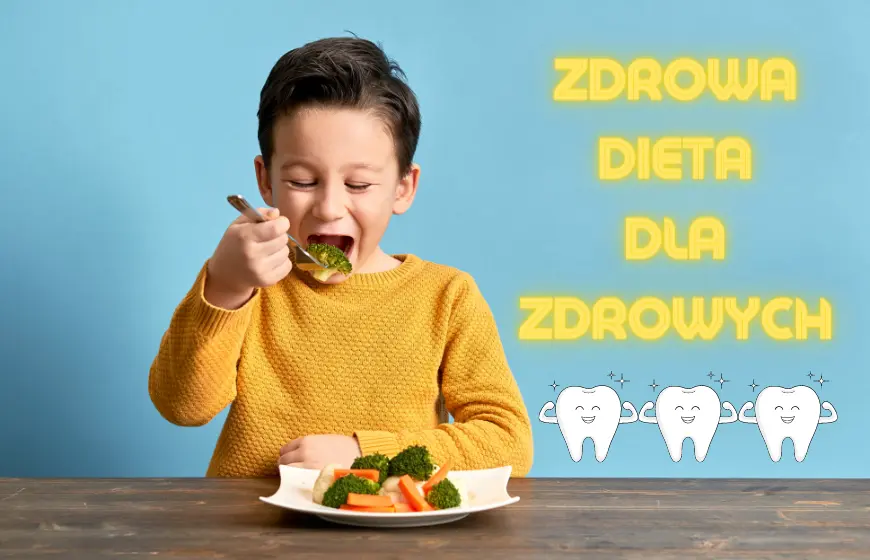 Chłopiec w żółtej bluzie spożywający widelcem różne warzywa. Na talerzu widać marchewkę, kalafior i brokuł. Obok widnieje napis "Zdrowa dieta dla zdrowych" i ikony trzech zębów pokazujących muskuły, uśmiechniętych i czystych