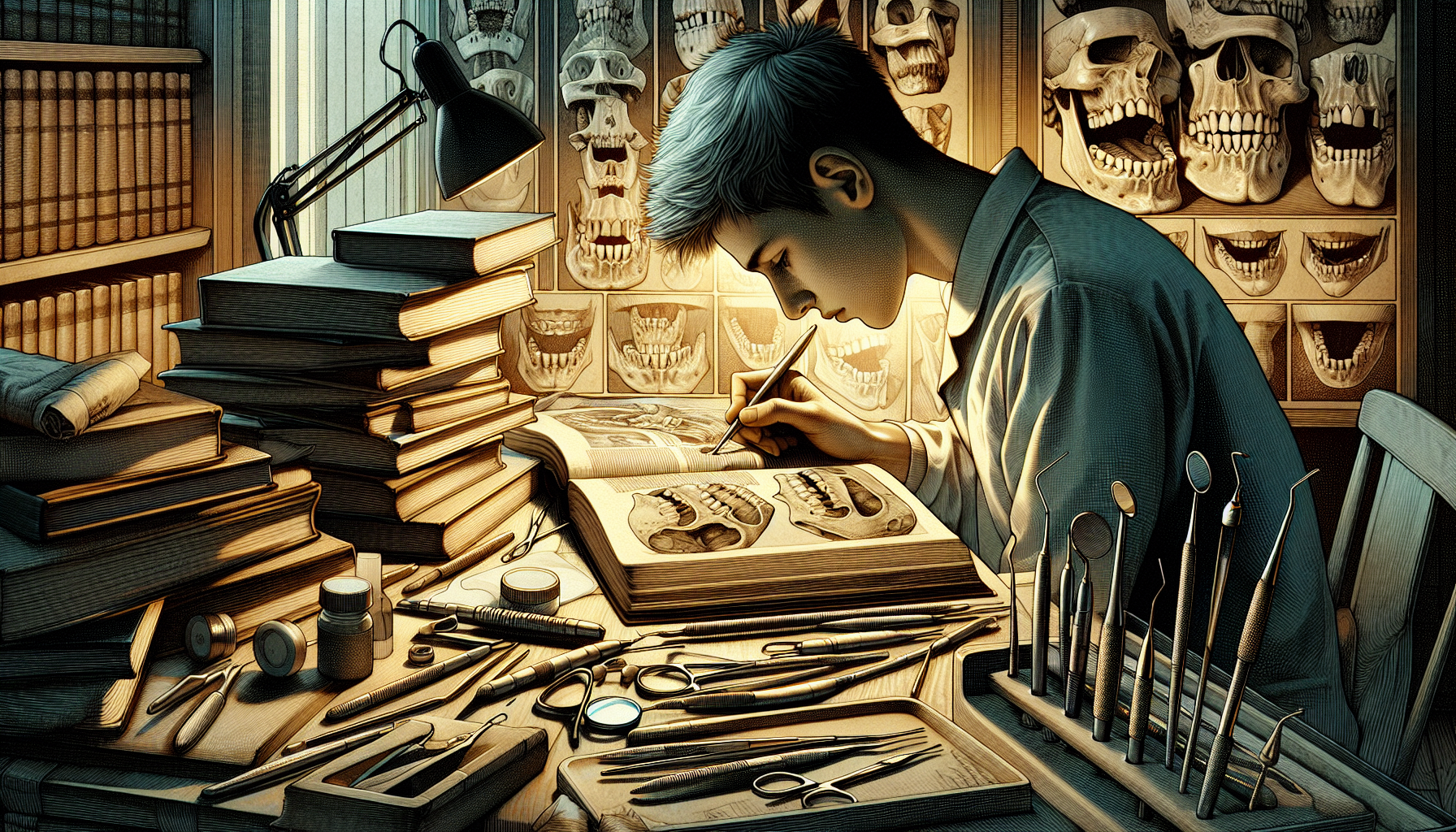 Student stomatologii uczący się z podręczników i modeli