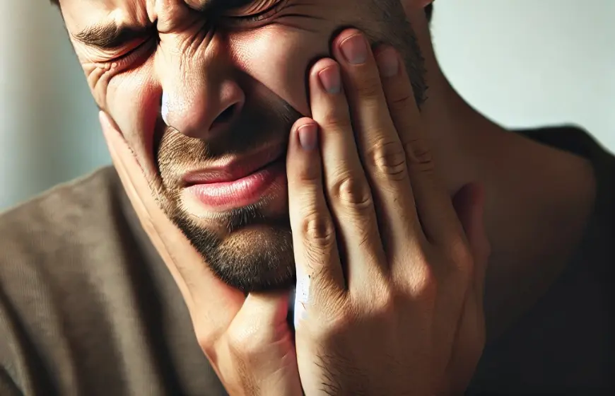 Mężczyzna odczuwający silny ból zęba, trzymający się za policzek z wyrazem dyskomfortu na twarzy.