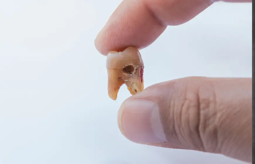 Usunięty ząb z widocznymi oznakami próchnicy i zgorzeli, trzymany w dłoni.