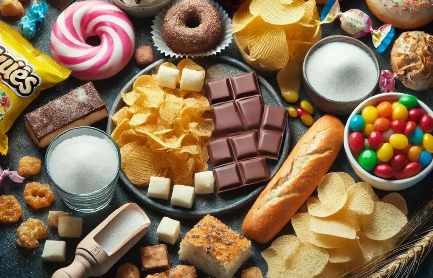 Różnorodne słodycze i produkty bogate w węglowodany, które przyczyniają się do rozwoju próchnicy.