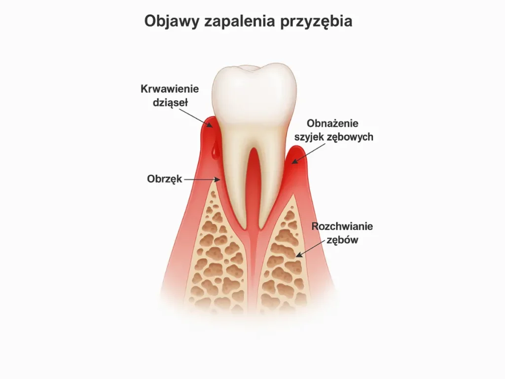 Ilustracja medyczna z przekrojem zęba pokazująca objawy zapalenia przyzębia: krwawienie dziąseł, obrzęk, obnażenie szyjek zębowych i rozchwianie zębów.