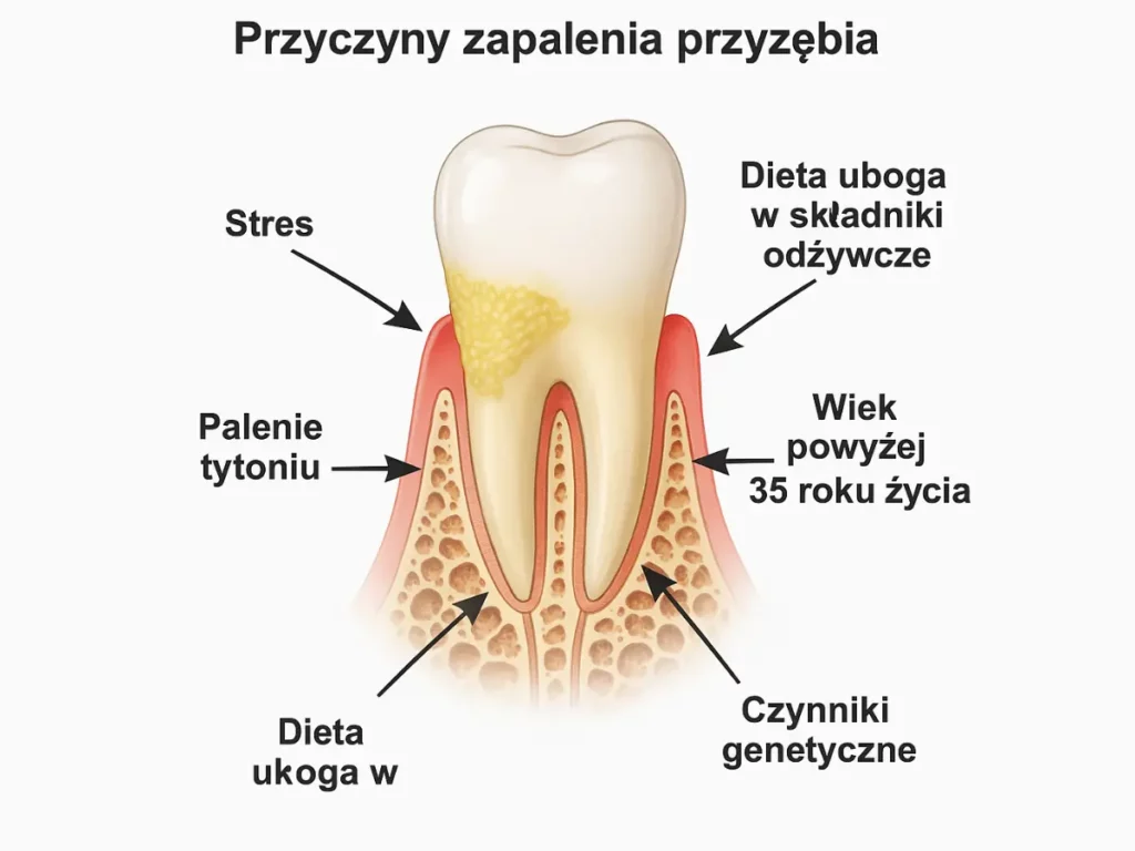 Schemat przyczyn zapalenia przyzębia z oznaczeniami: stres, palenie tytoniu, dieta uboga w składniki odżywcze, wiek powyżej 35 roku życia i czynniki genetyczne.