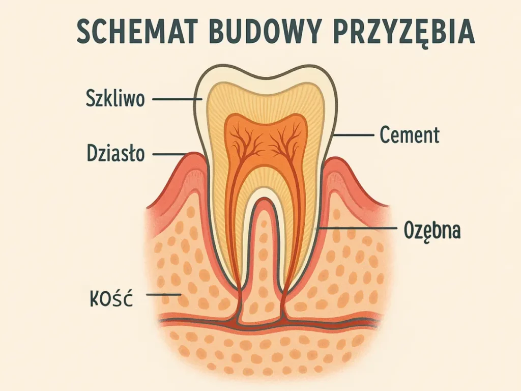 Kolorowy przekrój anatomiczny przedstawiający budowę przyzębia: szkliwo, dziąsło, ozębna, cement i kość.