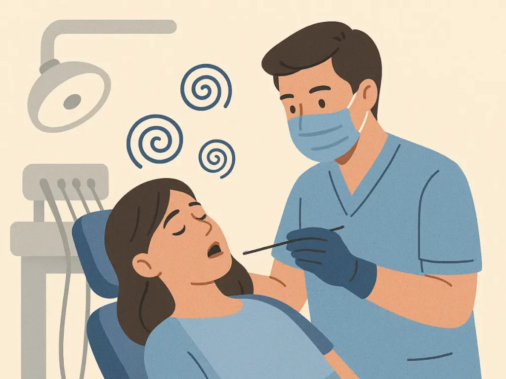 Pacjentka pod wpływem hipnozy podczas zabiegu stomatologicznego, spokojna atmosfera w gabinecie dentystycznym