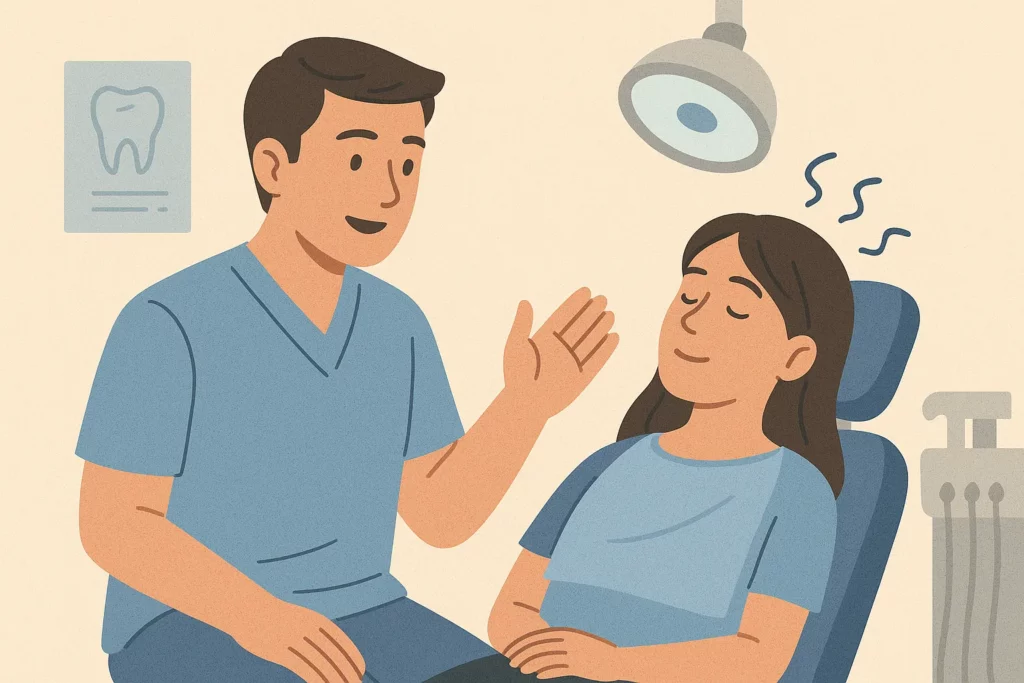 Dentysta rozmawia z pacjentką przed sesją hipnozy w gabinecie stomatologicznym