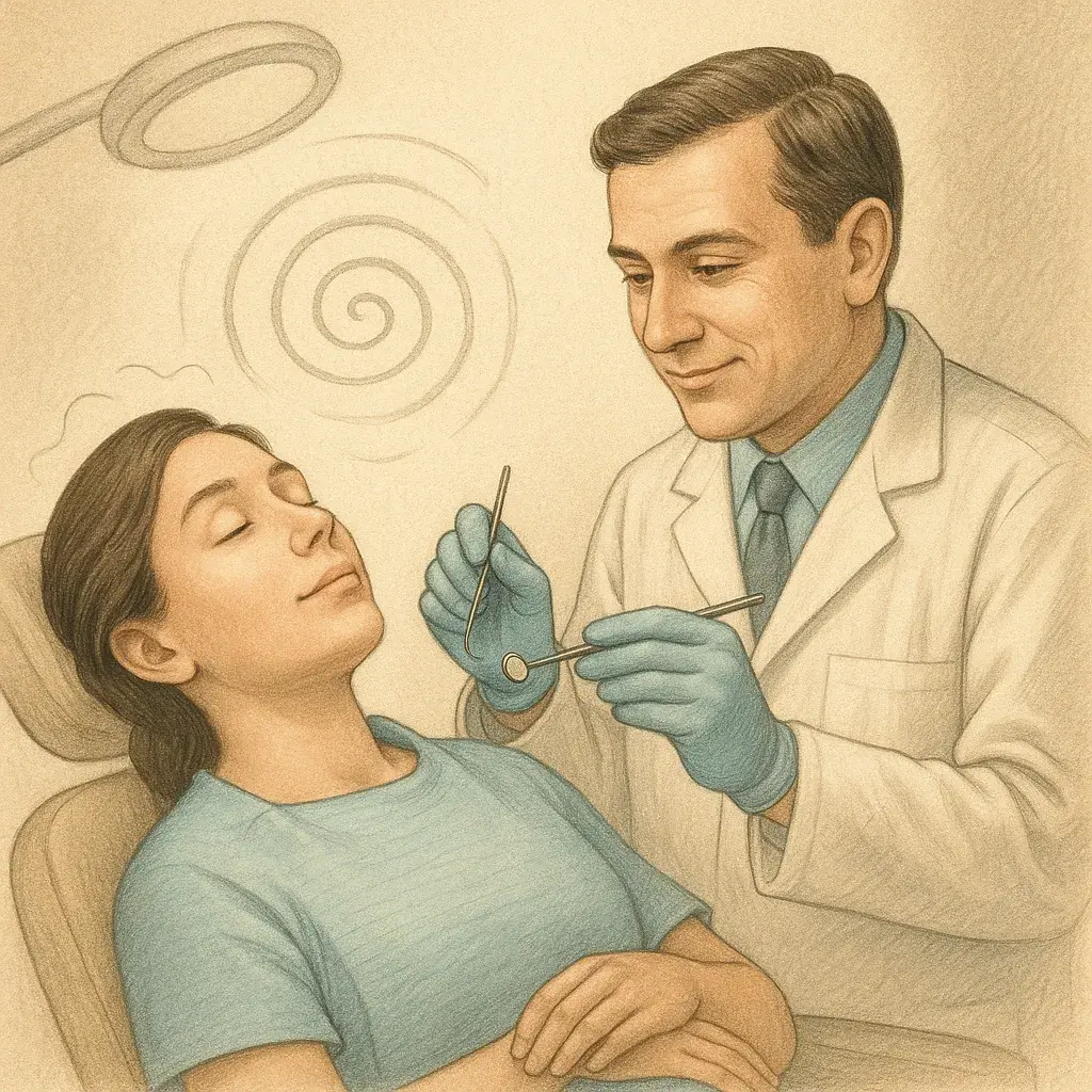 Dentysta wykonuje zabieg u zrelaksowanej pacjentki pod wpływem hipnozy, ilustracja w stylu realistycznym