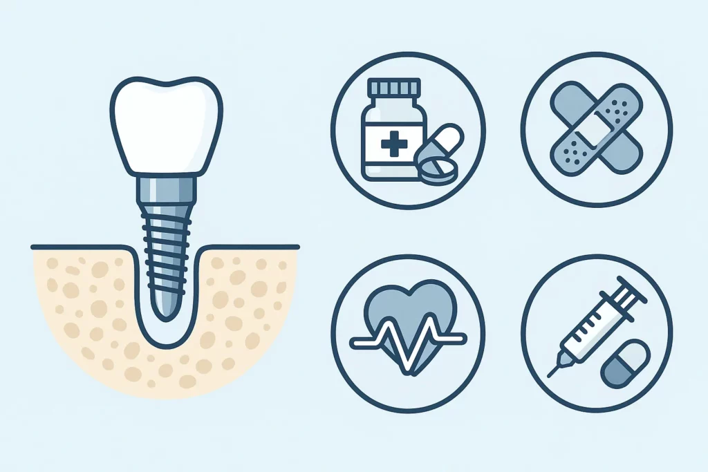 Implant w kości otoczony ikonami leków, serca i zastrzyków – wpływ farmakoterapii na integrację implantów