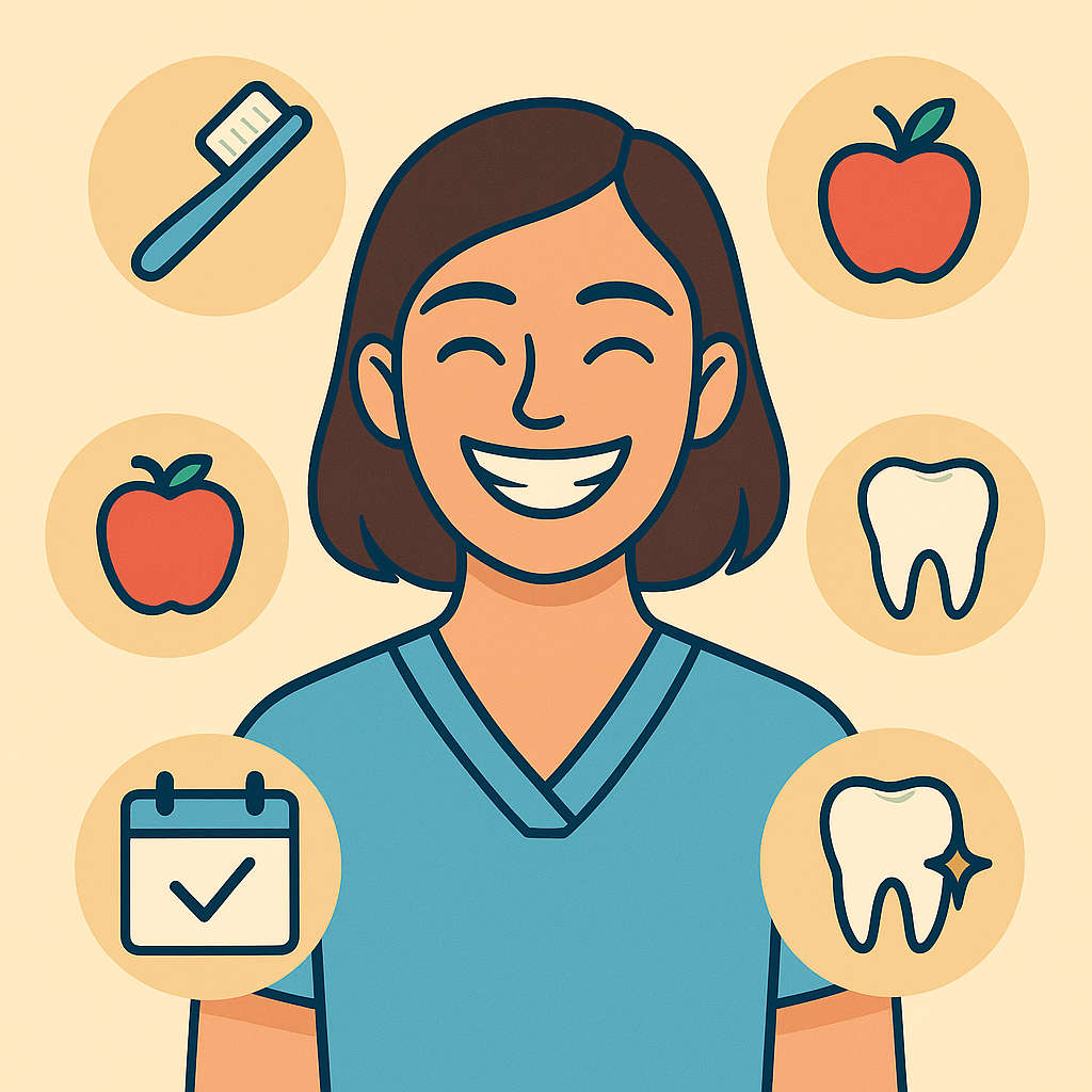 Ilustracja: uśmiechnięta kobieta i ikony szczoteczki, jabłka, zęba i kalendarza – higiena, dieta, wizyty
