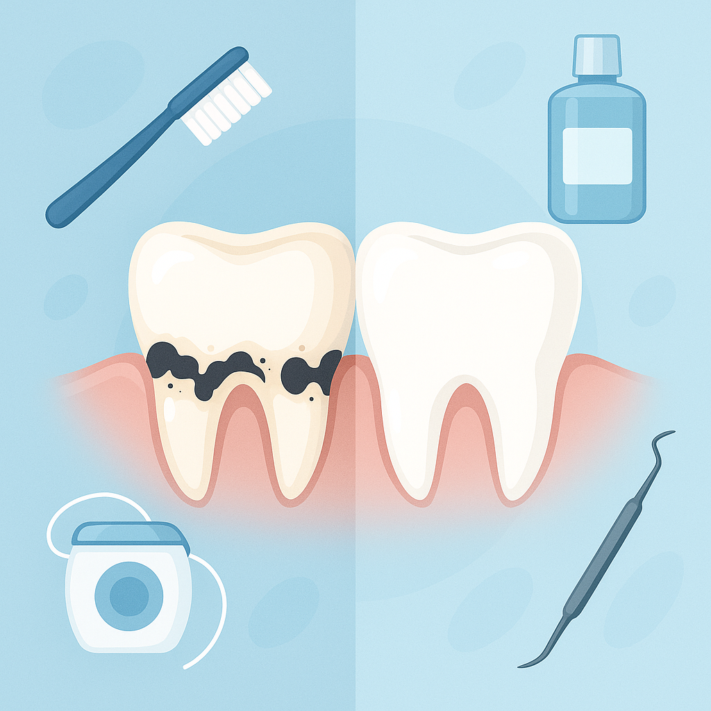 Ilustracja przed-po: zęby z czarnym osadem i po oczyszczeniu; ikonki szczoteczki, nici, płynu i skalera