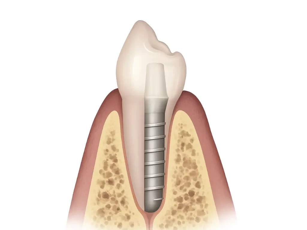 Przekrój implantu dentystycznego w kości żuchwy z widoczną koroną ceramiczną