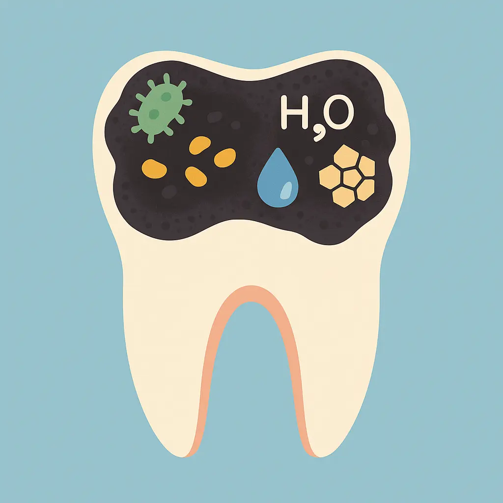 Infografika: czarny osad na zębie oraz ikony bakterii, metabolitów, resztek pokarmowych, śliny i komórek nabłonkowych