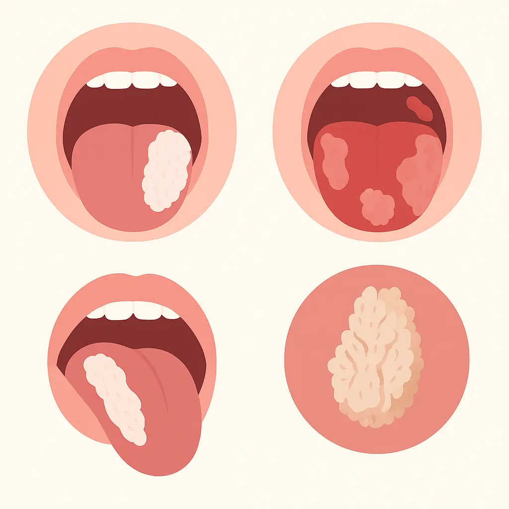 Cztery ilustracje przedstawiające różne postaci leukoplakii, w tym leukoplakię włochatą na języku