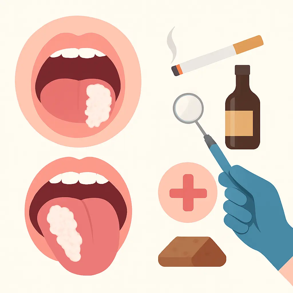 Ilustracja przyczyn leukoplakii – palenie papierosów, alkohol, wirusy i zmiany błony śluzowej języka