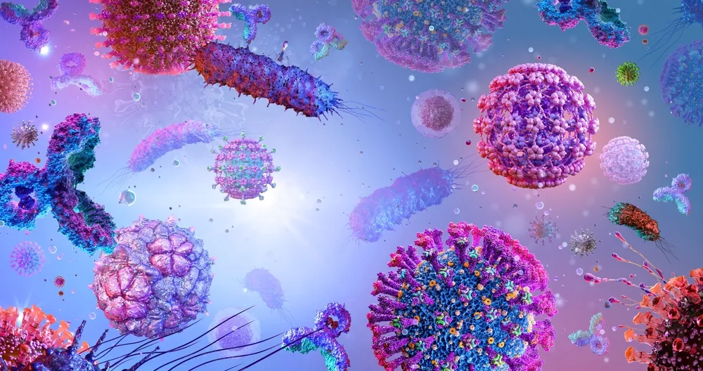 Wizualizacja 3D wirusów opryszczki HSV w organizmie - kolorowe modele wirusów herpes simplex unoszące się w środowisku biologicznym, ilustracja naukowa zakażenia