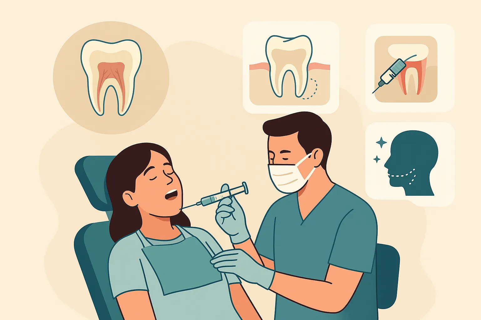 Znieczulenie stomatologiczne, rodzaje. Grafika przedstawiająca stomatologa znieczulającego pacjentkę znieczuleniem miejscowym