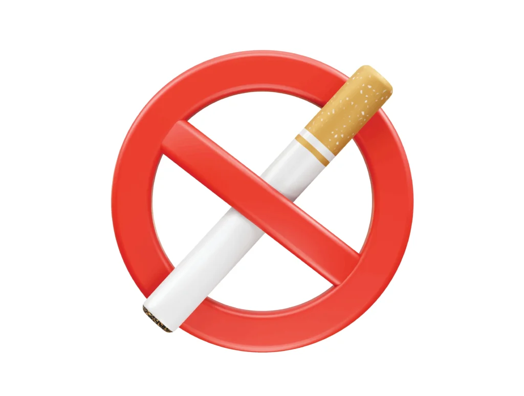 Trójwymiarowa ikona przedstawiająca papieros przekreślony czerwonym znakiem zakazu.