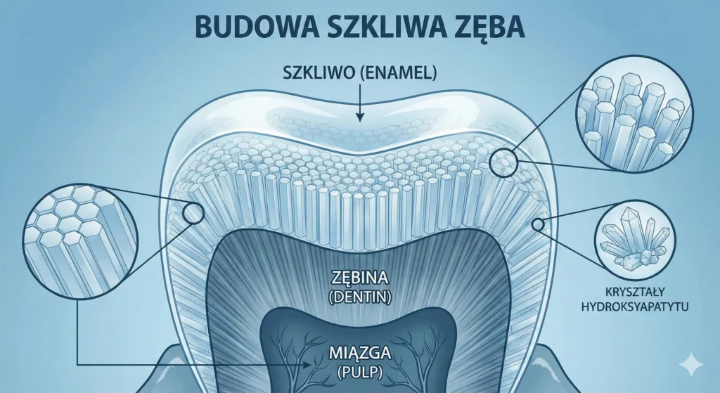 Budowa szkliwa. Grafika przedstawia warstwy korony zeba: szkliwo, żebinę i miazgę oraz ilustruje główny składnik szkliwa: hydroksyapatyt