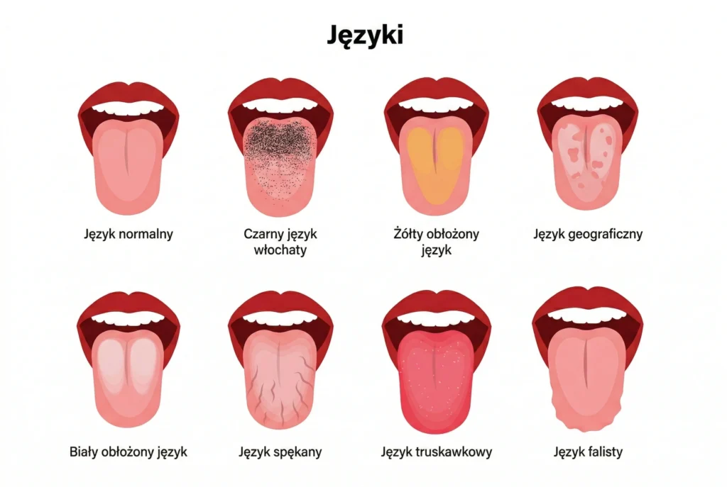 Medyczna infografika przedstawiająca osiem różnych typów języka: język normalny, czarny język włochaty, żółty obłożony język, język geograficzny, biały obłożony język, język spękany, język truskawkowy i język falisty z polskimi opisami.