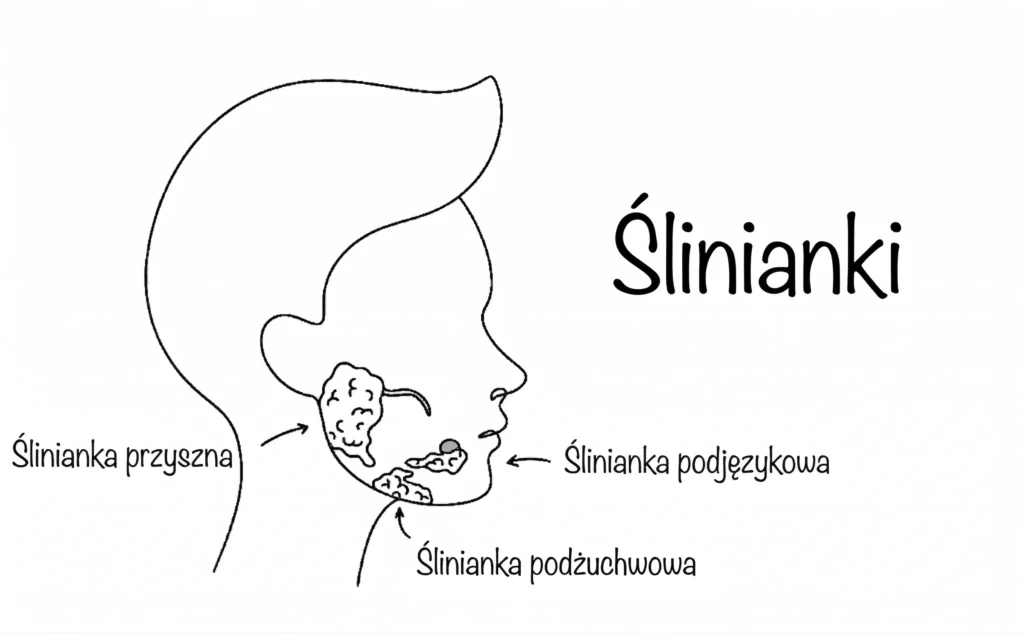 Czarno-biały, schematyczny rysunek konturowy przedstawiający lewy profil ludzkiej głowy na białym tle. Na rysunku widoczne są wewnętrzne struktury anatomiczne głowy. Po prawej stronie rysunku znajduje się duży, pogrubiony napis w języku polskim: "Ślinianki". Od napisu odchodzą strzałki wskazujące na trzy główne grupy gruczołów: "Ślinianka przyuszna" (wskazana strzałką na duży gruczoł przed uchem), "Ślinianka podjęzykowa" (wskazana strzałką na mały gruczoł pod językiem) i "Ślinianka podżuchwowa" (wskazana strzałką na gruczoł pod żuchwą). Rysunek jest edukacyjny i czytelny.