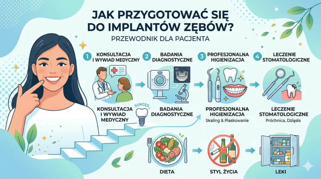 Przygotowanie do implantów zębów. Edukacyjna infografika w języku polskim zatytułowana „Jak przygotować się do implantów zębów? Przewodnik dla pacjenta”. Grafika w jasnej, błękitno-miętowej kolorystyce przedstawia proces leczenia podzielony na etapy. Po lewej stronie ilustracja uśmiechniętej kobiety wskazującej na swoje zęby oraz schody prowadzące do implantu z napisem „Sukces”. Powyżej schodów cztery numerowane kroki z ikonami: 1. Konsultacja i wywiad medyczny (lekarz i pacjent); 2. Badania diagnostyczne (tomograf, mikroskop); 3. Profesjonalna higienizacja (skaling i piaskowanie); 4. Leczenie stomatologiczne (próchnica i dziąsła). W dolnej części pozioma oś czasu z ikonami dotyczącymi stylu życia: talerz zdrowej żywności z podpisem „Dieta”, przekreślone papierosy i alkohol z podpisem „Styl życia” oraz szafka z lekami z podpisem „Leki”. Całość ozdobiona zielonymi liśćmi i błyszczącymi elementami.