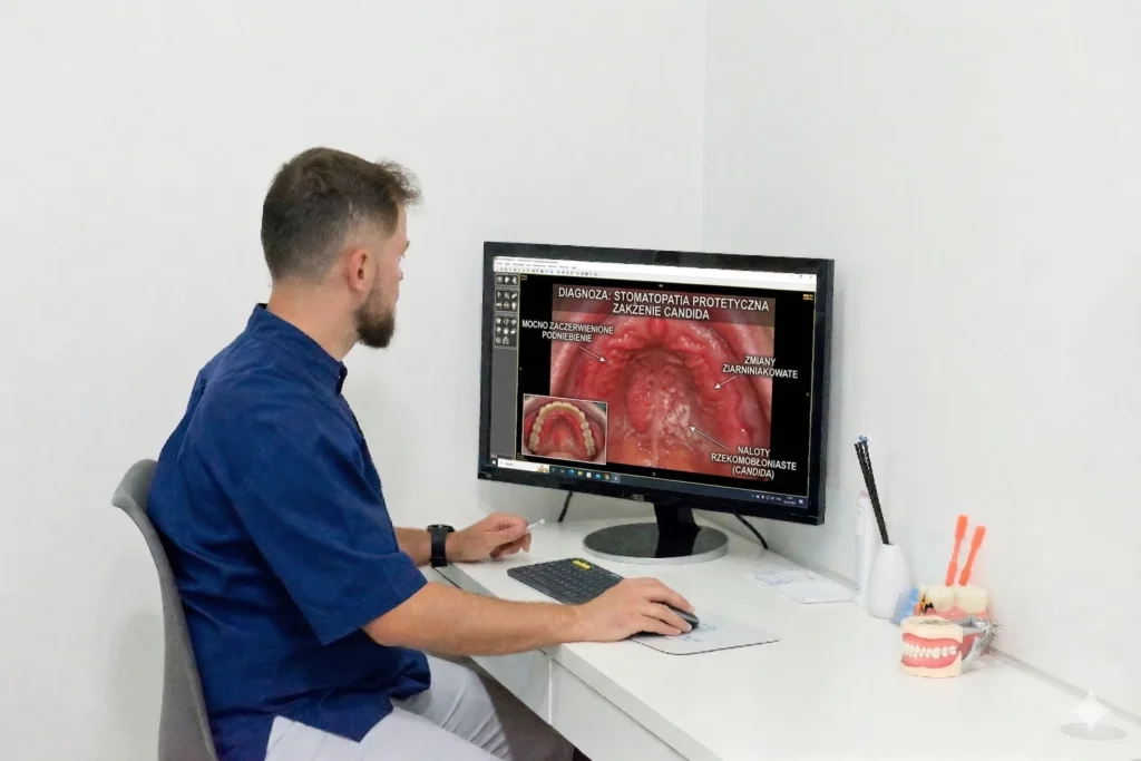 Zdjęcie gabinetu dentystycznego PrecisDENT, w którym brodaty lekarz w niebieskim uniformie siedzi przy białym biurku. Lekarz dentysta Wojciech Skocz patrzy na monitor komputera, na którym wyświetlany jest szczegółowy, kliniczny obraz jamy ustnej ze zmianami grzybiczymi na podniebieniu. Na ekranie widoczny jest polski napis diagnostyczny. Na biurku obok komputera znajduje się klawiatura, myszka oraz model szczęki i szczoteczki do zębów.