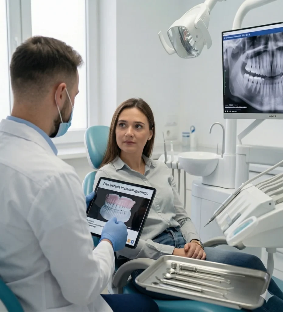 Lekarz stomatolog, implantolog Wojciech Skocz w białym fartuchu i masce medycznej omawia na czym polega osteointegracja oraz plan leczenia implantologicznego z pacjentką siedzącą na fotelu dentystycznym. Lekarz trzyma tablet z wizualizacją protezy na implantach, a w tle na monitorze widoczne jest zdjęcie rentgenowskie (pantomograficzne) szczęki i żuchwy.
