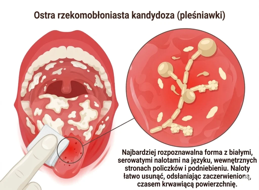 Infografika medyczna o tytule „Ostra rzekomobłoniasta kandydoza (pleśniawki)”. Ilustracja pokazuje otwarte usta z licznymi białymi plamami na języku, policzkach i podniebieniu. Ręka w białej rękawiczce trzyma gazik i przeciera język, odsłaniając czerwoną, bolesną powierzchnię. Po prawej stronie w powiększeniu mikroskopowy obraz drożdżaków Candida albicans na czerwonym tle. Na dole tekst opisujący charakterystyczne objawy tej formy grzybicy.