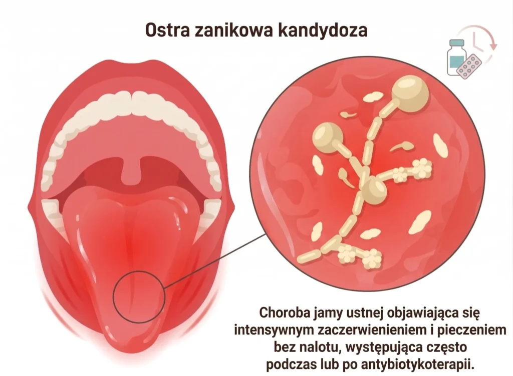 Medyczna infografika zatytułowana „Ostra zanikowa kandydoza”. Ilustracja otwartych ust pokazuje intensywnie czerwony, gładki język bez widocznego białego nalotu, co jest typowe dla tej postaci choroby. Po prawej stronie w powiększonym okręgu mikroskopowy obraz drożdżaków Candida albicans. W prawym górnym rogu ikona butelki leku i pastylek. Na dole tekst w języku polskim opisujący objawy i związek z antybiotykoterapią.