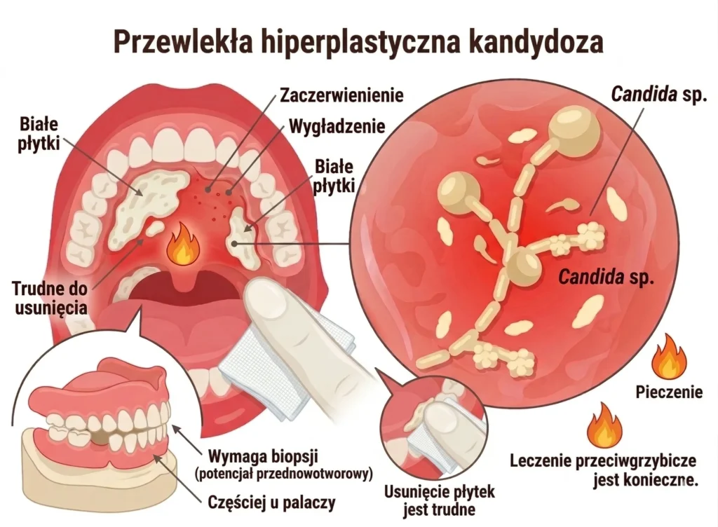 Szczegółowa infografika medyczna pt. „Przewlekła hiperplastyczna kandydoza”. Ilustracja otwartych ust pokazuje podniebienie z białymi płytkami i zaczerwienieniem. Wskazane są miejsca wymagające biopsji oraz zmiany na dziąsłach. Ręka w rękawiczce próbuje usunąć płytkę gazikiem, z napisem, że jest to trudne. Po prawej mikroskopowy obraz Candida sp. W lewym dolnym rogu model szczęki z protezą, a w prawym ikony ognia symbolizujące pieczenie.