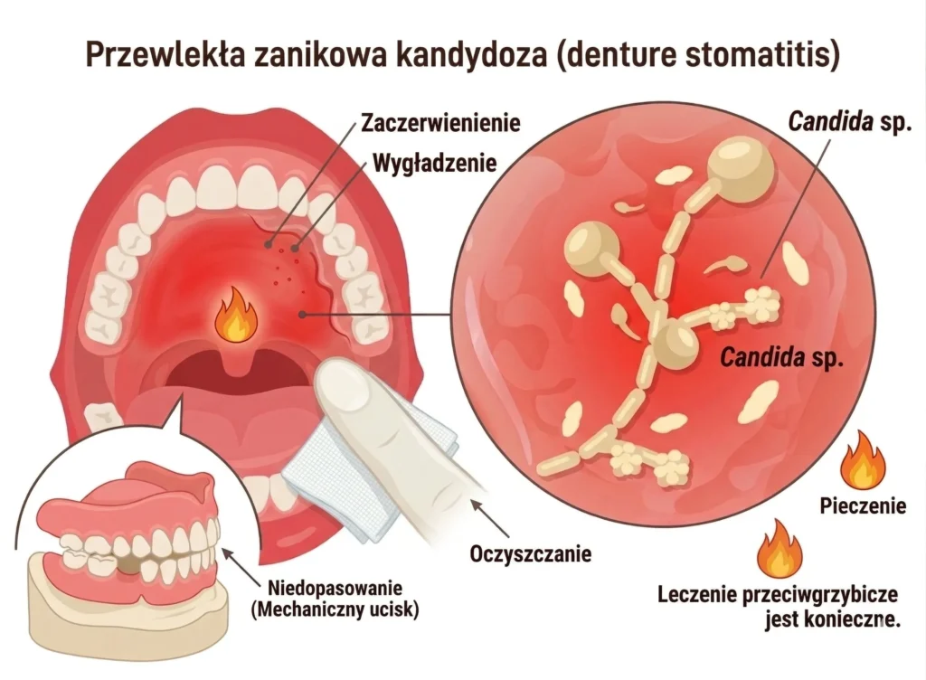 Medyczna infografika zatytułowana „Przewlekła zanikowa kandydoza (denture stomatitis)”. Ilustracja pokazuje otwarte usta z intensywnym zaczerwienieniem podniebienia w miejscu, gdzie przylega proteza. Wskazane są objawy takie jak zaczerwienienie i wygładzenie, z ikoną ognia symbolizującą pieczenie. Ręka w rękawiczce wskazuje na Oczyszczanie. W lewym dolnym rogu model szczęki z protezą, a po prawej mikroskopowy obraz Candida sp. Na dole napis o konieczności leczenia przeciwgrzybiczego.