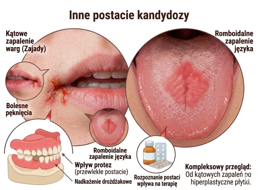 Infografika medyczna o tytule „Inne postacie kandydozy”. Po lewej stronie zbliżenie na usta kobiety z bolesnymi pęknięciami w kącikach (zajady). W małym kółku zbliżenie na popękaną skórę. Po prawej stronie zbliżenie na czerwony, romboidalny obszar na środku języka (romboidalne zapalenie języka). W dole ilustracja modelu szczęki z protezą oraz butelki leków i pastylek. Tekst na dole mówi o kompleksowym przeglądzie postaci choroby.