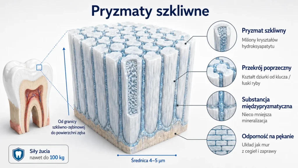 Infografika przedstawiająca budowę pryzmatów szkliwnych – przekrój poprzeczny, substancję międzypryzmatyczną i układ odporny na pękanie, średnica 4–5 µm