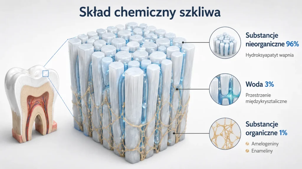 Infografika składu chemicznego szkliwa zęba: 96% substancje nieorganiczne (hydroksyapatyt), 3% woda w przestrzeniach międzykrystalicznych, 1% substancje organiczne