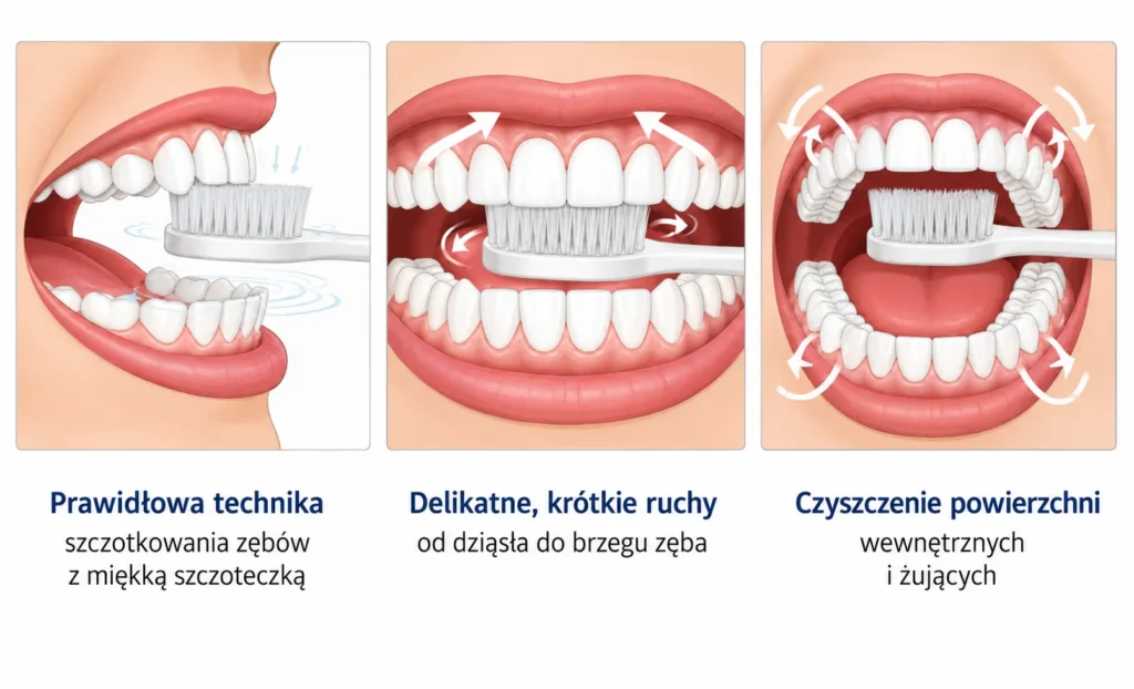 Instrukcja prawidłowego szczotkowania zębów miękką szczoteczką chroniąca szyjki i cement korzeniowy